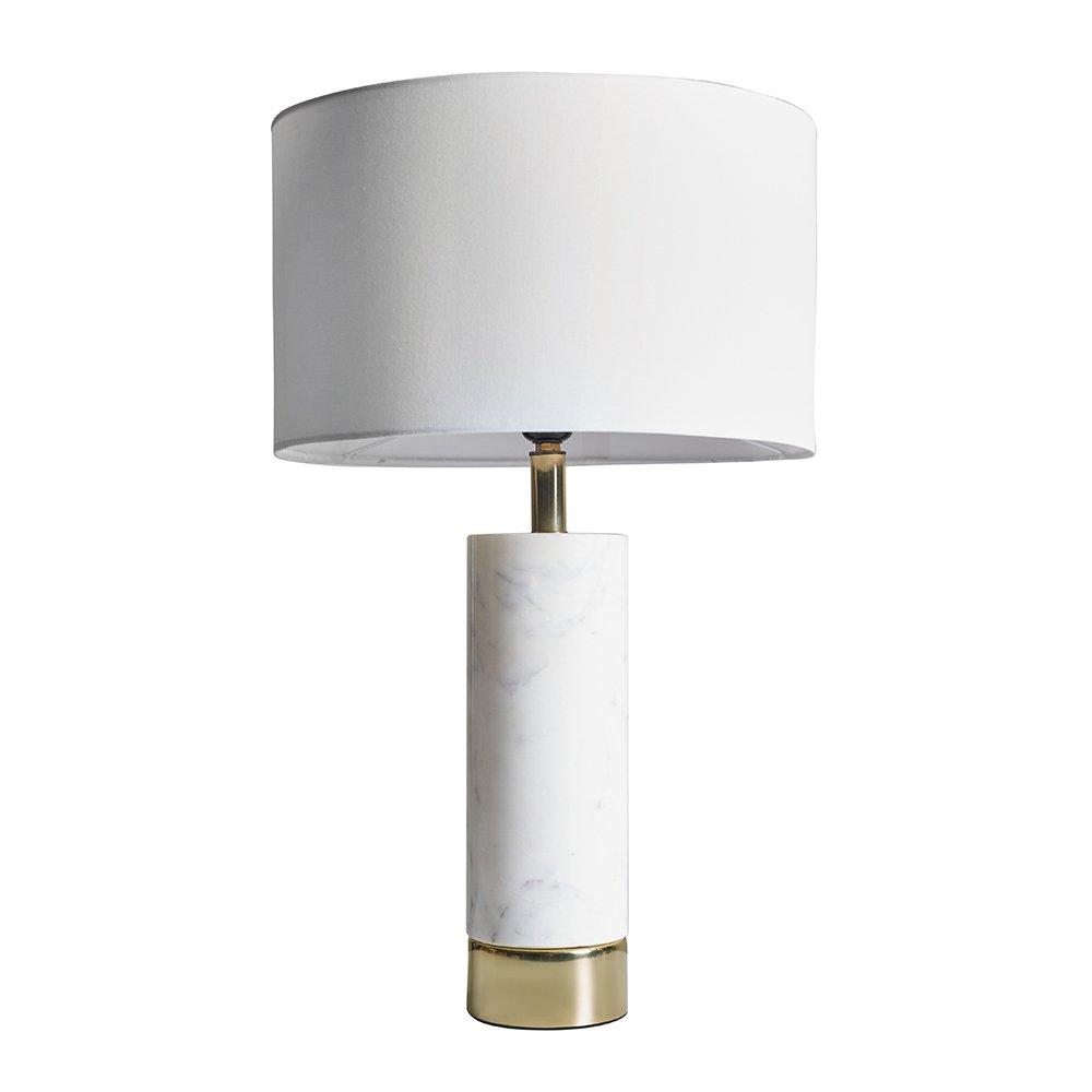 Modern White Marble And Brass Cylinder Table Lamp With White Drum Shade